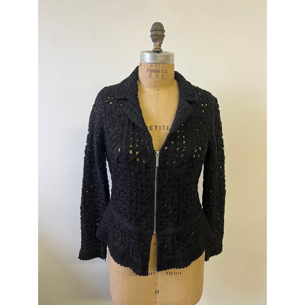 NIC+ZOE Black Open Knit Metallic Zip Up Cardigan Jacket Small